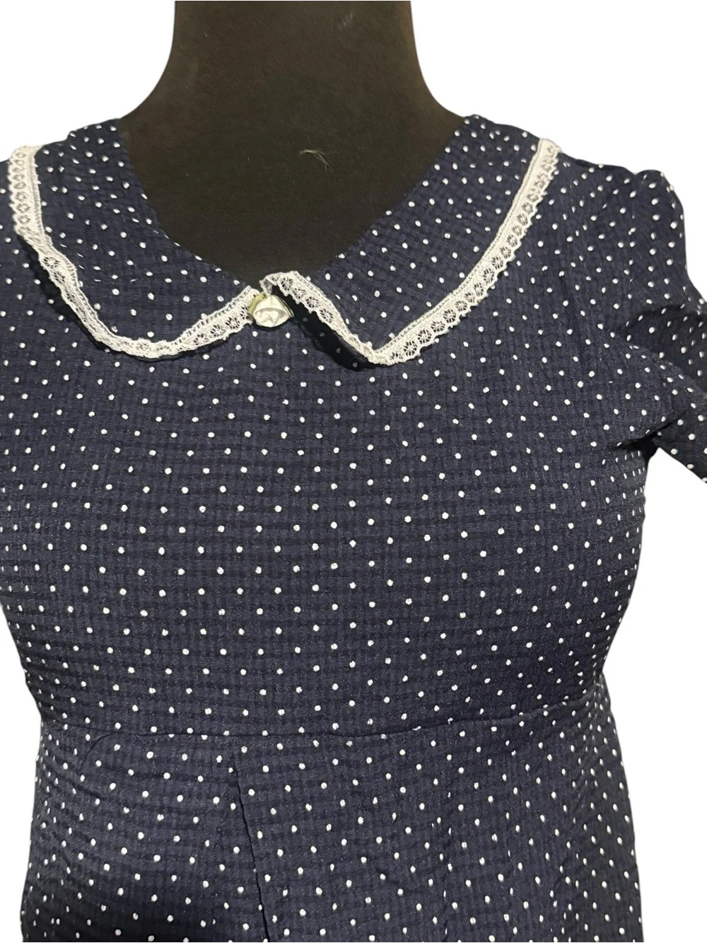 Vintage Simply Basic Girls 16 Navy Polka Dot Peter Pan Collar Maxi Dress Modest